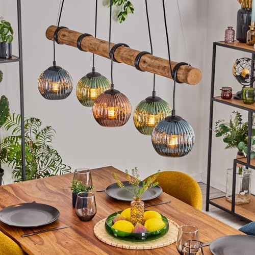 Koyoto Hängeleuchte, Kugelleuchte Blau, Grün, Kupferfarben, 5-flammig | Elegante Pendelleuchte mit 5 Riffelglas-Schirmen an einem Holzbalken – warmes, gemütliches Boho-Licht über dem Esstisch.