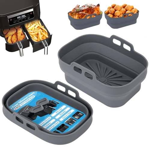 Alyvisun Moule Silicone Air Fryer, 2 Pièces Moules pour Friteuse à Air Réutilisable Plat Airfryer Accessoire Rectangulaire Double Ustensiles Panier pour Friteuse Air Chaud, Four, Microonde (Gris)
