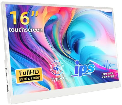 Tragbarer Monitor Touchscreen, 16 Zoll Full HD 1920x1200P Touchscreen IPS Display, Portable Reisemonitor Externer HDMI USB C Monitor für PC, Laptop, Computer, Switch, Ras Pi, Weiß