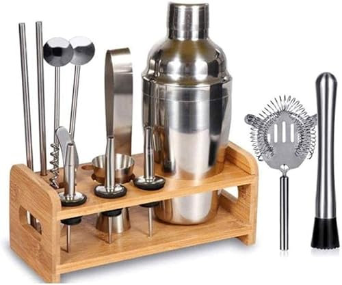 UHJKLA Kit de coctelera de 11 Piezas para Barman con Soporte, Juego de Herramientas de Barra de Acero Inoxidable Profesional, Kit de coctelería par