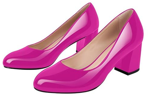 MissHeel Women's Fashion Slip-on Middle Heel Pumps Round Toe Chunky Heels Casual Dress Court Shoes