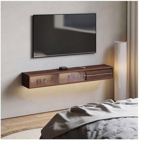 Meuble TV Suspendu Meuble TV flottant en bois fixé au mur, centre de divertissement flottant avec étagères, meuble TV flottant, étagère TV, console TV for sous la TV, noyer noir, avec lumière LED infé