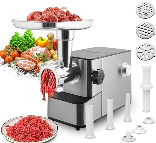 SXYKXYDL Picadora de Carne eléctrica, boquillas W3 (14/20/22 mm)/2 Cuchillas de Metal (4 mm/7 mm), máquina de llenado de Salchichas eléctrica con función inversa, Interruptor de Perilla