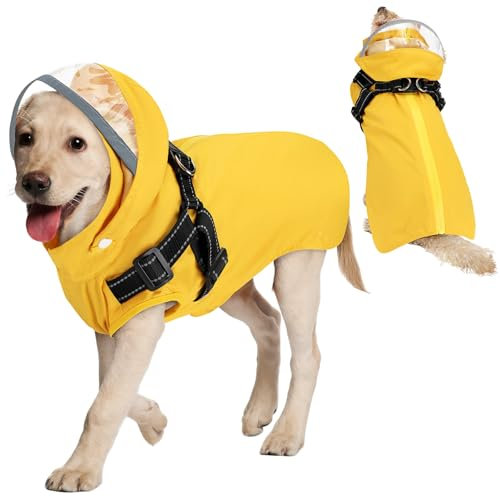 SlowTon Dog Raincoat - Hunderegenmantel mit Brustgeschirr, abnehmbare Kapuze, wasserdichte Regenjacke mit Reißverschluss, ärmelloser doppellagiger Hunderegenponcho mit reflektierenden