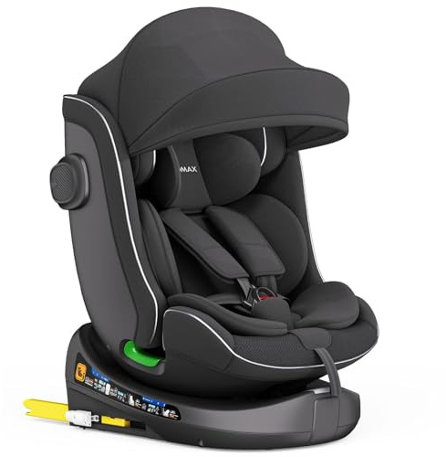 Xomax C013 Kindersitz 360° drehbar mit Isofix, ECE R129, 0-36 kg, verstellbar, neigbar, atmungsaktiver Bezug, 5-Punkt-Gurt, Top Tether, Autokindersitz für Babys & Kinder 0-12 Jahre, Farbe: (Schwarz)