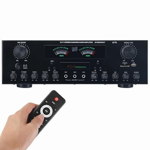 RKXKJ Audio Amplifier, 1200W Power 7 Channel AV Amplifier, HiFi Stereo Receivers with Bluetooth 5.2, USB, FM, SD Cards, 3 Mic-in for Home Theater Speakers, Karaoke
