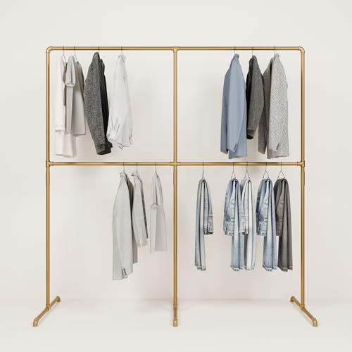 pamo Kleiderständer Gold – 195 x 194 cm – Industrial Design Kleiderstange | Traglast 120 kg, Freistehend Garderobenständer, Pulverbeschichtet, Kratz- & Stoßfest, Einfache Montage