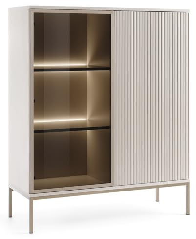Emporius Daveno Vitrinenschrank 100 cm, Glasvitrine Stehend - Highboard, Vitrine, Glasvitrine Beige mit LED und Lamellen - 126 cm hoch