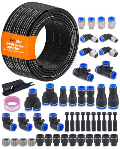 EilxMag 3/8 Air Line Tubing Kit, 100FT(30M) SAE J844 PA Nylon Air Hose Tubing with Cutter and Teflon Tape, 3/8 Air Hose with Push to Connect Fittings for Air Brake System Or Fluid Transfer(55PCS)