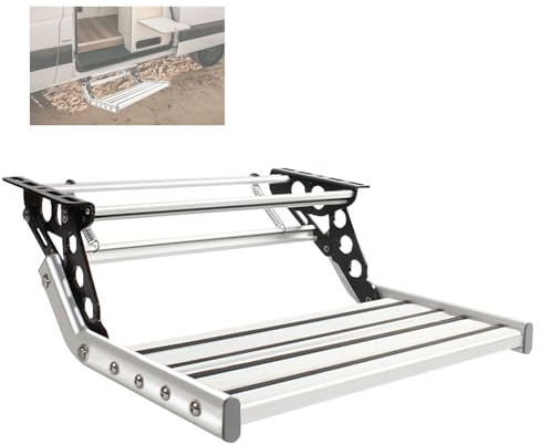 Trittstufe Wohnwagen & Wohnmobil – Manuell klappbarer Einzeltritt, rutschfeste breite Stufe, Verstärkter Aluminiumrahmen, Belastbar bis 200 kg, Sicherer Einstieg für Camper und Anhänger