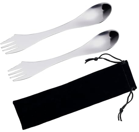 2 - Piece Outdoor Camping Cutlery Set | 3-in-1 Reusable Spork with Detachable Storage Bag | Porks Stainless Steel | Portable Picnic Tableware