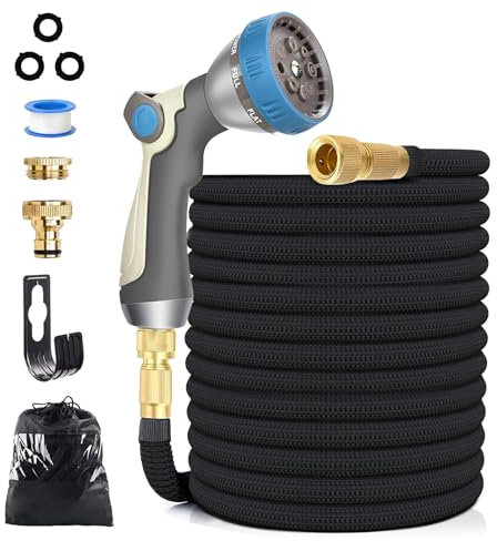 15M/50FT Flexibler Gartenschlauch, Wasserschlauch Dehnbar mit 8 Modi Wassersprühpistole, Adapter für 1/2' 3/4' Zoll und Wandhalterung, Schlauch Flexibel Bewässerung für den Außenbereich