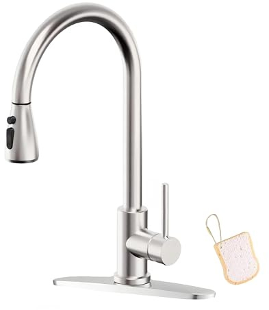 Asinse Kitchen Faucet with Sink Mat, Pull Out Kitchen Faucet with Sprayer, 3 Modes High Arc Stainless Steel Kitchen Sink Faucet, 360° Swivel Modern Tap for RV, Bar, Laundry, Garden