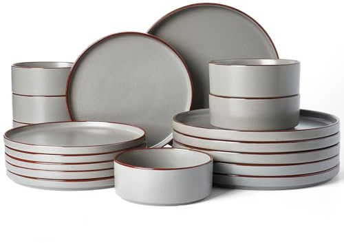 Richmount Halo Plates and Bowls Set, 18 Pieces Dinner Sets for 6 People, Stoneware Dinnerware Sets with Dinner Plates/Salad Plate/Cereal Bowls, Dishwasher & Microwave Safe, Dark Grey