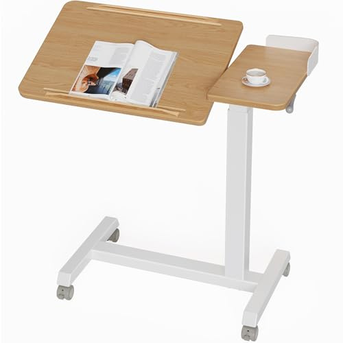 Rolanstar Laptoptisch Höhenverstellbar mit Rollen, Betttisch mit kippbarer Platte & Kantenschutz, Beistelltisch C Form für Sofa, Bett, Büro, Unterricht (Eiche hell)