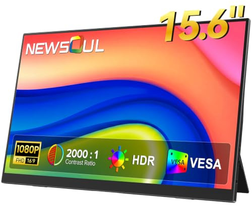 Newsoul Monitor Portátil 15,6 Pulgadas, 1920×1080P FHD IPS 2000:1 Pantalla Portatil con USB-C & HDMI, Eye Care Segunda Pantalla Externa para Portátil/PC/Mac/PS5/4/Xbox/Switch, Soporte VESA