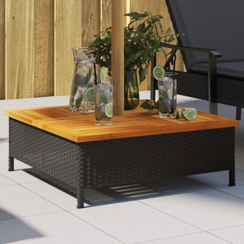 PE Rattan Coffee Table with Wood Top, Powder Coated Steel Frame for Outdoor Use, Elegant Garden Furniture, Parasol Base Cover Black (Black)