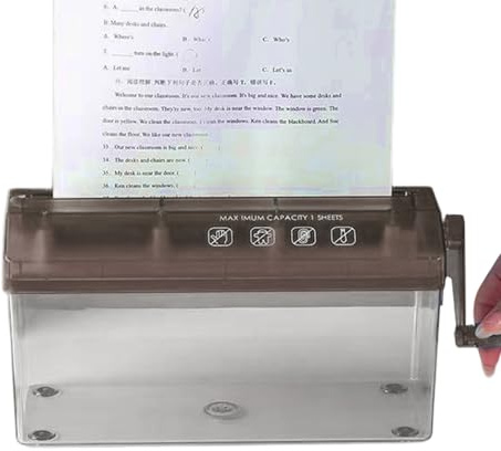 Trituratore manuale – Compatto | Distruggidocumenti manuale – Trituratore di carta a manovella per casa ufficio e scuola, taglierina documenti mobile, protezione dati per lettere, senza corrente, nero