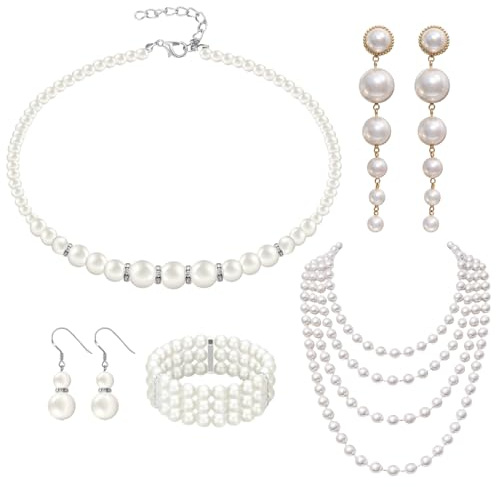Perlenkette, Perlenkette Damen, 20er Jahre Kostüm Damen Accessoires, 5 Stück Perlen Set mit 180 cm Kette und Schmuck, Elegante 1920er Jahre Accessoires Geeignet für Party und Hochzeiten