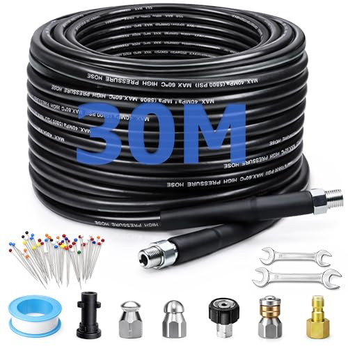 YOZAIUUI 30M/100 FT Pressure Washer Hose for Sewer: 400Bar/5800PSI Pressure Washer Drain Pipe Hose Cleaning Kit with 2 Adapter 2 Corner & Rotating Nozzles for Cleaning Sinks Drains Patios