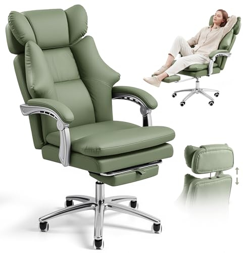 Warmiehomy Office Chair with Footrest, Executive Desk Chair Anti-Scratch | Big and Tall Office Chair, High Back Computer Chairs for Home Office, Heavy Duty, with Adjustable Headrest, Green