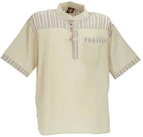 GURU-SHOP, Camisa de Pescador de Nepal, Camisa de Manga Corta Goa Hippie Rayada, Color Lino, Algodón, Tamaño:XXXL, Camisas de Hombre