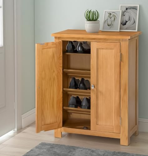 Hallowood Furniture Waverly Oak Shoe Storage Cabinet, Solid Oak Cupboard | Cabinet with 3 Slanted and 1 Top Flat Shelf, 2-Door Slim Shoe Cabinet Fits 15 Pairs Adult Footwear, Hallway Furniture, Finish