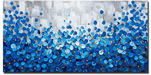 MyArton Large Textured Blue Flowers Canvas Wall Art Hand Painted Modern Decoration Oil Painting Picture Framed Ready to Hang 60x30inch