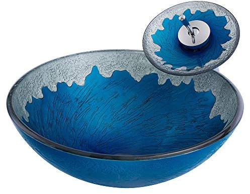 HomeLava Lavabo à poser rond verre trempé bleu écume de vague avec robinet pour salle de bains