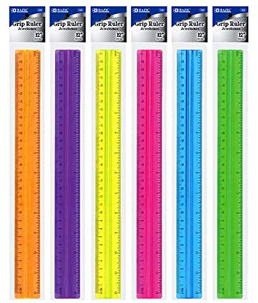 BAZIC Products 12 in Plastic Ruler with Handle Grip, Inch & Metric, 6-Set