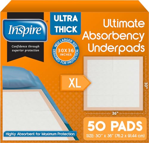 Inspire XL Super Absorbent Bed Pads for Chronic Incontinence 30 x 36 Ultra Thick 100 Grams | Bed Pads Disposable Adult Elderly Care | Chucks Disposable Underpads for Incontinence (50 Count)