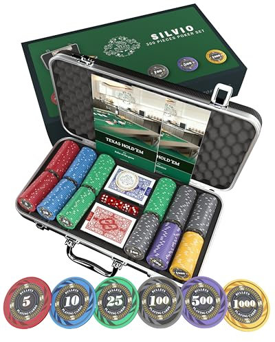 Bullets Playing Cards, Pokerkoffer Silvio, Pokerset mit 300 Keramik Pokerchips mit aufgedruckten Werteninkl. Keramik Dealerbutton