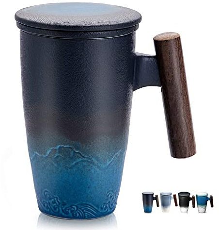 suyika Tomotime Ceramic Tea Cup with Infuser and Lid Tea Mugs Wooden Handle 400ml/13.5oz Black cyan