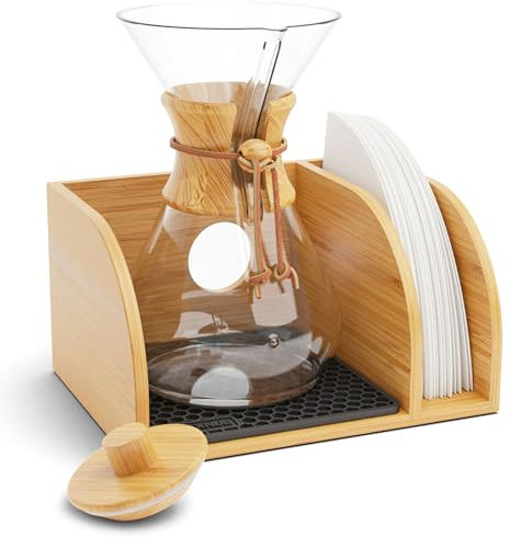 HEXNUB – Caddy and Lid for Chemex and Pour Over Coffee Maker, Bamboo Stand with Filter Holder, Fits Chemex Coffee Maker, Bodum, Cosori, Includes Heatproof Mat - Black
