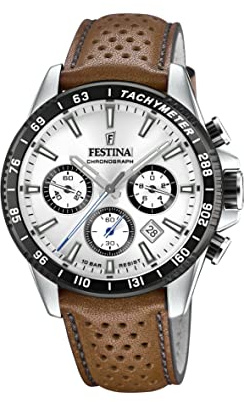 Festina Montre Homme Analogique avec Bracelet en Cuir Marron - Mouvement Quartz - Chronographe - Calendrier - Verre Minéral Haute Résistance - Étanche 10 ATM - Élégante F20561/1 Timeless Chronograph