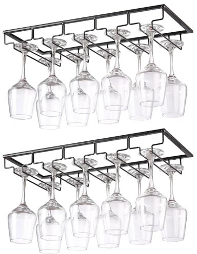YunNasi Wine Glass Rack Under Cabinet Wine Glass Holder Display Stand for Cabinet Kitchen and Bar (2 Packs 5 Rows, Black)