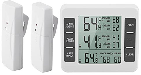 Thermometer, Kabelloser LCD Digitaler akustischer Alarm Kühlschrank Kabelloses Thermometer Batteriebetrieben mit 2 Stück Sensor Min/Max-Anzeige