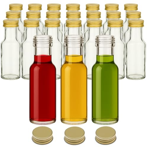 gouveo 24er Set Glasflasche 100 ml (0,10 l) Glasflasche 100 ml Dorica Schraubverschluss PP 31.5 goldfarben runde Klarglasflaschen zum Abfüllen von Öl Essig Likör Sirup (DFT100G)