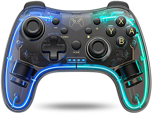 Wireless Switch Controller für Switch/Lite/OLED Konsole,Switch Controller mit Präzise Bewegungssteuerung/Dual Motor Vibration/Turbo/Aufwecken Funktion/RGB Leuchtmodi/Durchsichtig Look/15Std Spielzeit