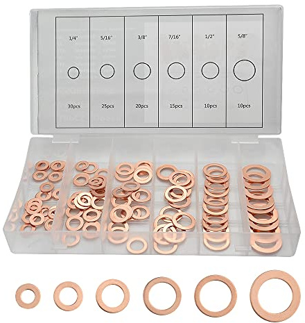 XINGYHENG 110Pcs 6 Kinds Copper Sealing Washers Copper Flat Gasket Oil Sealing Washer Box 1/4’’ 5/16’’ 3/8’’ 7/16’’ 1/2’’ 5/8’’