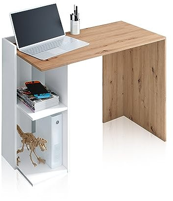 Mesa de Estudio Reversible con Estantes, Escritorio, Sistema de Almacenaje, Modelo Kenia, Acabado en Color Roble Nodi y Blanco Artik, Medidas: 100 cm (Largo) x 78 cm (Alto) x 52 cm (Fondo)