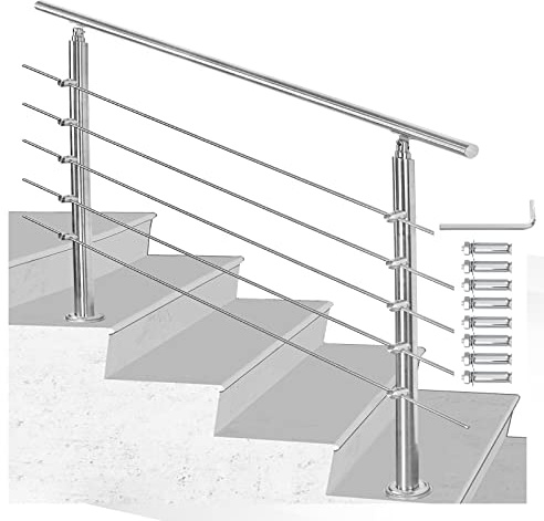 Joparri Ringhiera per Scale Acciaio Inox, Corrimano in Acciaio Inox Spazzolato 120cm 5traverse Interno Esterno Ø 42 mm, Argento