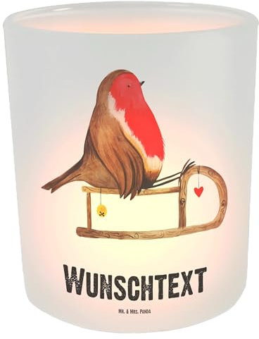 Mr. & Mrs. Panda Personalisiertes Windlicht Rotkehlchen Schlitten - Personalisierte Geschenke, mit Namen, Windglas, Windlichter, Teelichthalter, Kerzengläser, Vogel, Weihnachten, Windlichtgläser