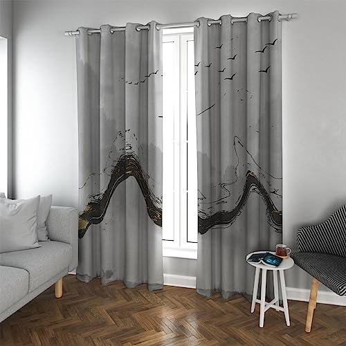 HengYun ART Lustige Vogel Wärmeisolierte Vorhänge Schwarz Gold Abstrakte Streifenvorhänge für Wohnzimmer Schalldichte Ösenvorhänge Maschinenwaschbar 2xH138 x B168 cm