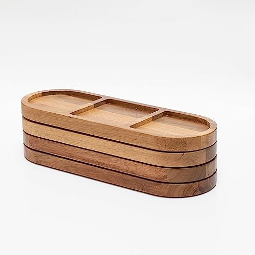 Acacia Wood Three Section Split Tray (30x12cm) - Rectangular Platter for Food, Desserts, Cheese - Home and Kitchen Decor, Cheese Board Gift Set - Wooden Tray for Display, Parties and Events, Wood Tray