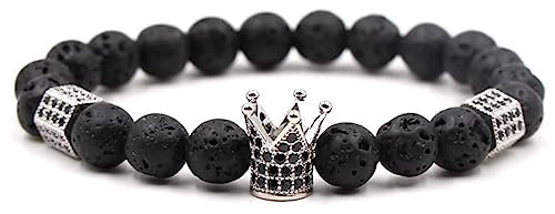 KnSam Echtes Naturstein Armbänder mit Krone Anhänger für Pärchen | Surfer-Armband Herren & Damen mit 8mm Lavagestein | Tolle Geschenkidee | 19CM