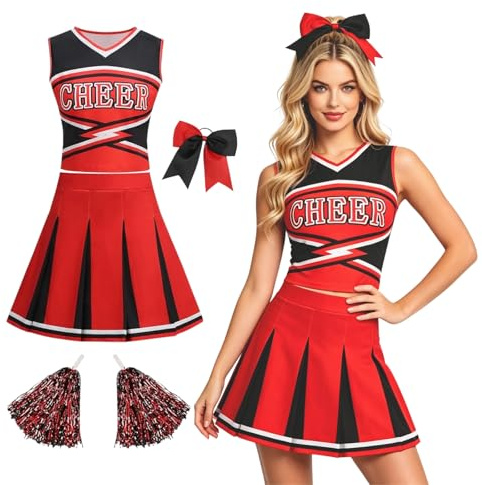 HAPNBCELE Womens Cheerleader Costume, Sleeveless Cheer Uniform with Pom Poms Cheerleading Outfit Halloween Sports Events