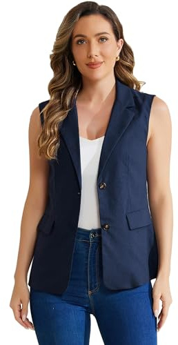 Allegra K Blazer sans Manches Femme Gilet d'affaires Décontracté Veste en Lin de Bureau Costume Bleu M