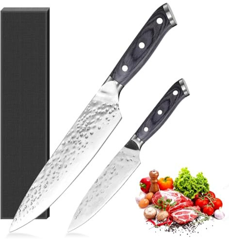 LUXHEIM 2 Stück Küchenmesser Set, Profi Kochmesser Chefmesser Fleischmesser Gemüsemesser Allzweckmesser Scharfes Messer Edelstahl, 12,5cm 20cm Klinge, Holzgriff, Geschenkbox