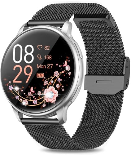 RUXINGX Smartwatch Damen mit Telefonfunktion 1.32 HD Voll Touch Screen, Armbanduhr mit SpO2 Pulsuhr Menstruationszyklus Schlafmonitor Schrittzähler Fitness Tracker IP68 iOS Android Schwarz Siber